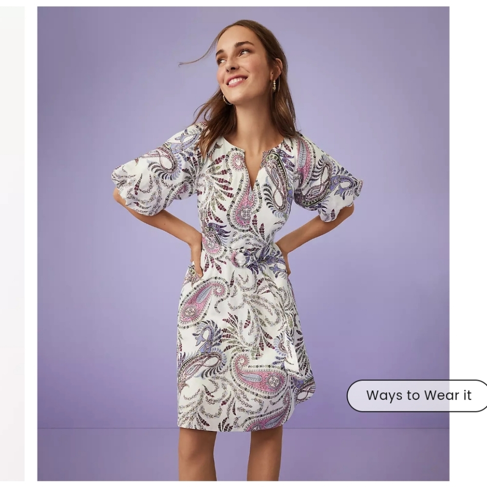 Paisley Linen Blend Belted Puff Sleeve Dress